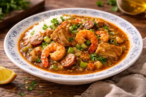 Насыщенный креольский суп-рагу с тёмным ру, овощной основой, курицей, креветками и рисом.