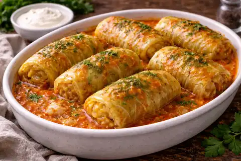 Голубцы из капустных листьев с мясной начинкой, рисом и томатно-сметанным соусом.