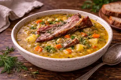 Сытный суп из колотого гороха с копчёными рёбрышками, овощами и густой бархатистой текстурой.