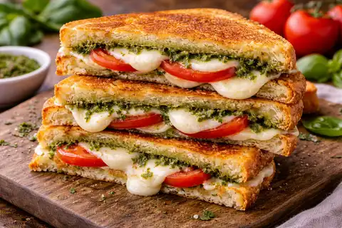 Хрустящие горячие сэндвичи с тянущейся моцареллой, томатами и базиликовым песто.