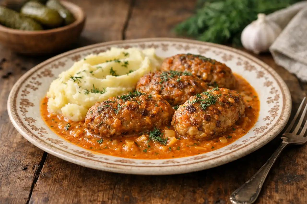 Традиционные гречаники из мясного фарша и гречки в томатно-сметанном соусе.