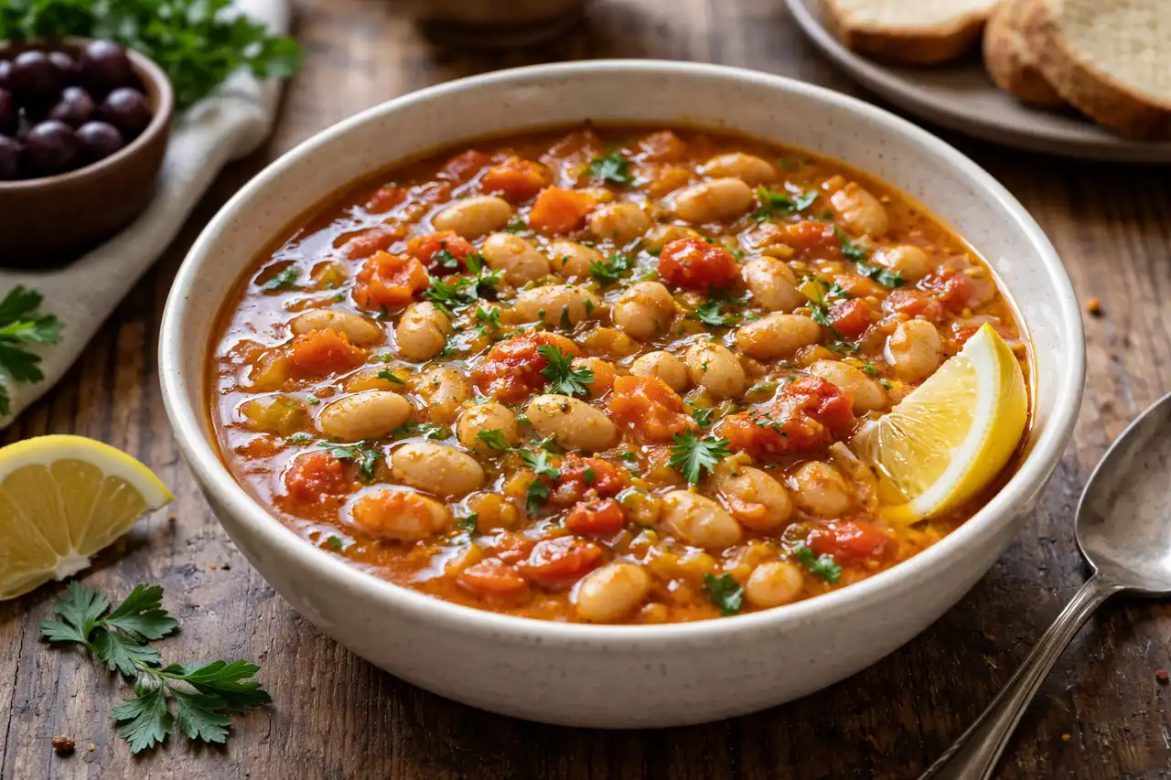 Традиционный греческий суп из белой фасоли с томатами, сельдереем и оливковым маслом.