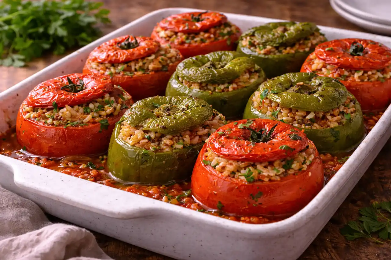 Греческие запечённые овощи, фаршированные рисом, травами и томатной мякотью.