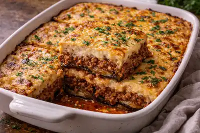 Слоеная греческая запеканка с баклажанами, мясным соусом и нежной сливочной заливкой.