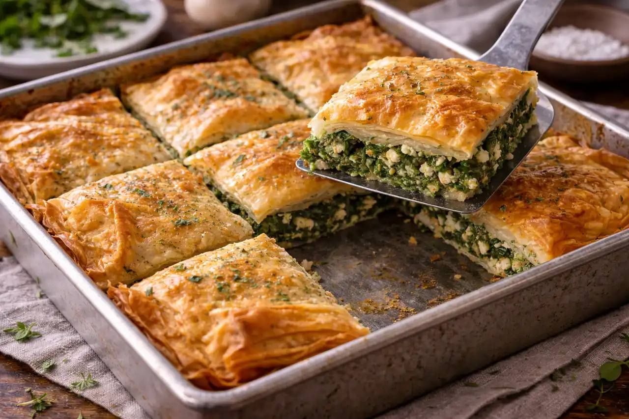 Хрустящий пирог из теста фило со шпинатом, фетой и ароматной зеленью по-гречески.