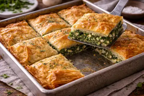 Хрустящий пирог из теста фило со шпинатом, фетой и ароматной зеленью по-гречески.