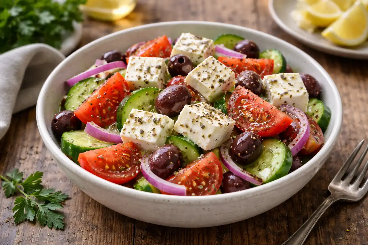 Свежий овощной салат с фетой, оливками и классической лимонной заправкой.