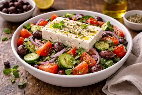 Классический греческий салат с томатами, огурцами, фетой и оливками.