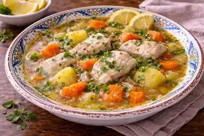 Традиционный греческий суп из белой рыбы с овощами, оливковым маслом и лимонной кислинкой.