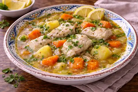Традиционный греческий суп из белой рыбы с овощами, оливковым маслом и лимонной кислинкой.