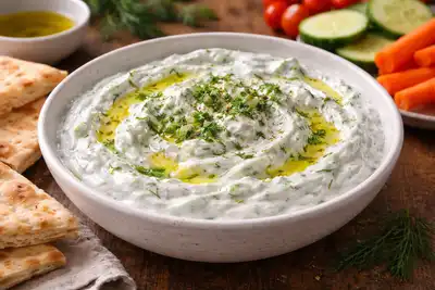 Освежающая греческая закуска из густого йогурта, огурца, чеснока и оливкового масла.