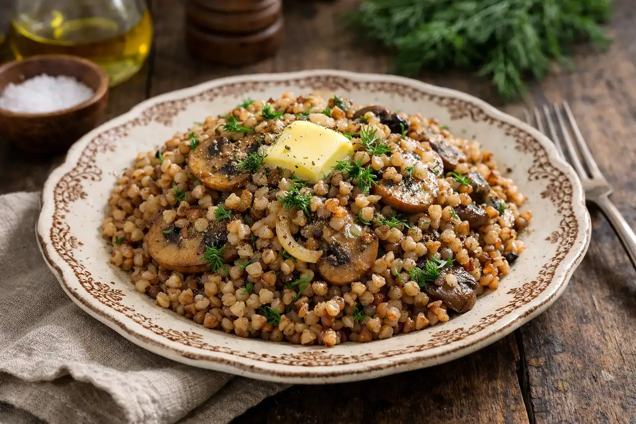 Ароматная рассыпчатая гречка с обжаренными грибами и луком в стиле русской домашней кухни.