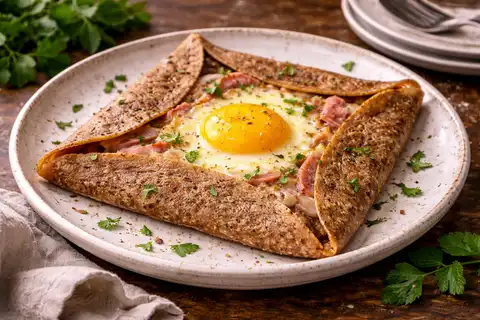 Тонкие солёные галеты из гречневой муки с расплавленным сыром и запечённым яйцом в центре.