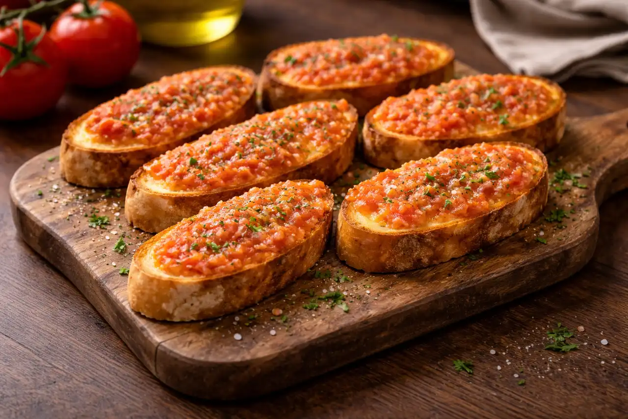 Классическая испанская закуска из поджаренного хлеба, спелых томатов, чеснока и оливкового масла.