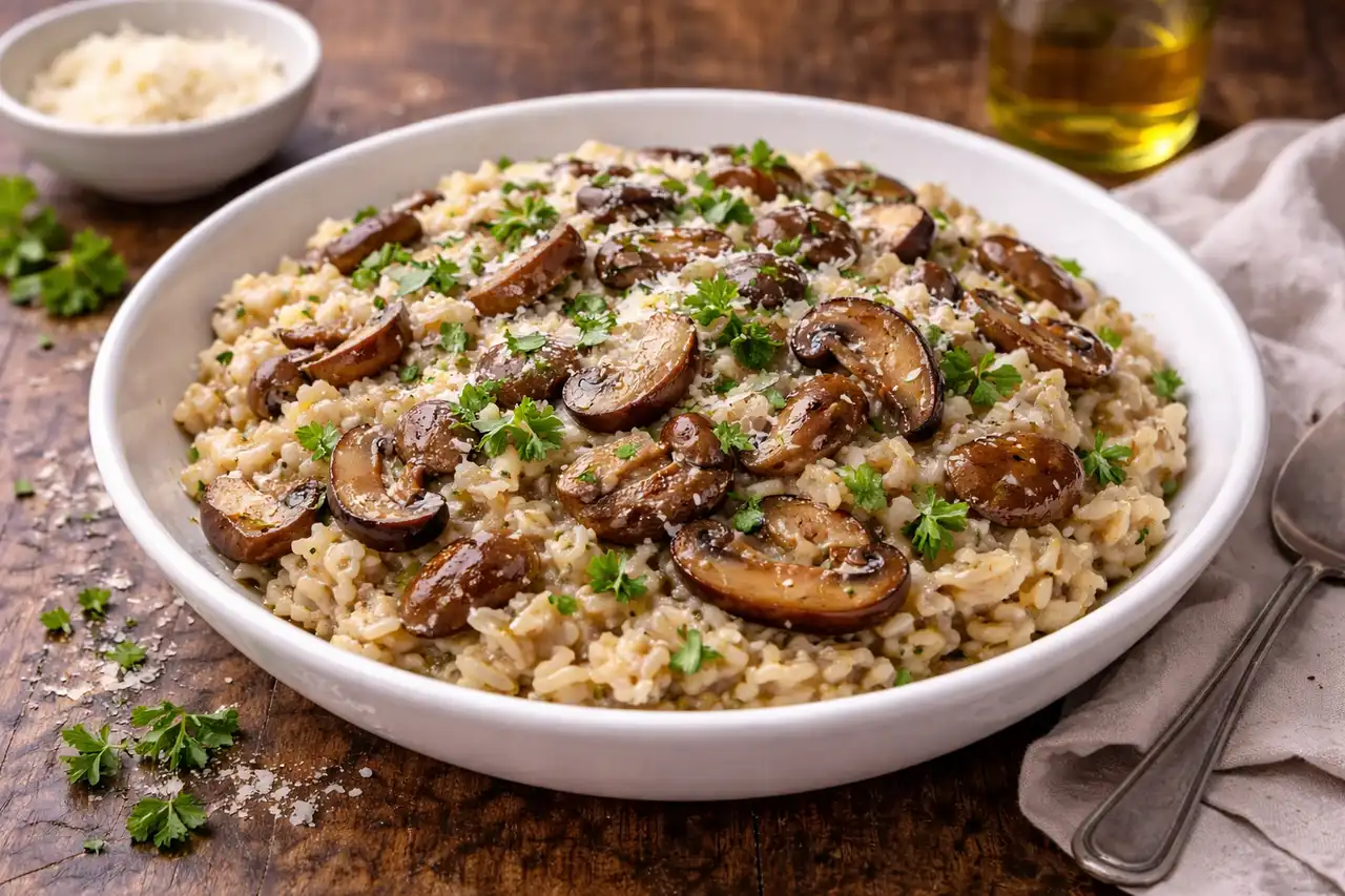 Кремовое ризотто с лесными грибами и насыщенным грибным бульоном.