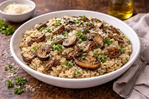 Кремовое ризотто с лесными грибами и насыщенным грибным бульоном.
