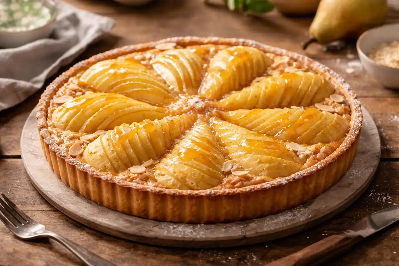 Французский грушевый тарт с миндальным кремом и хрустящей песочной основой.