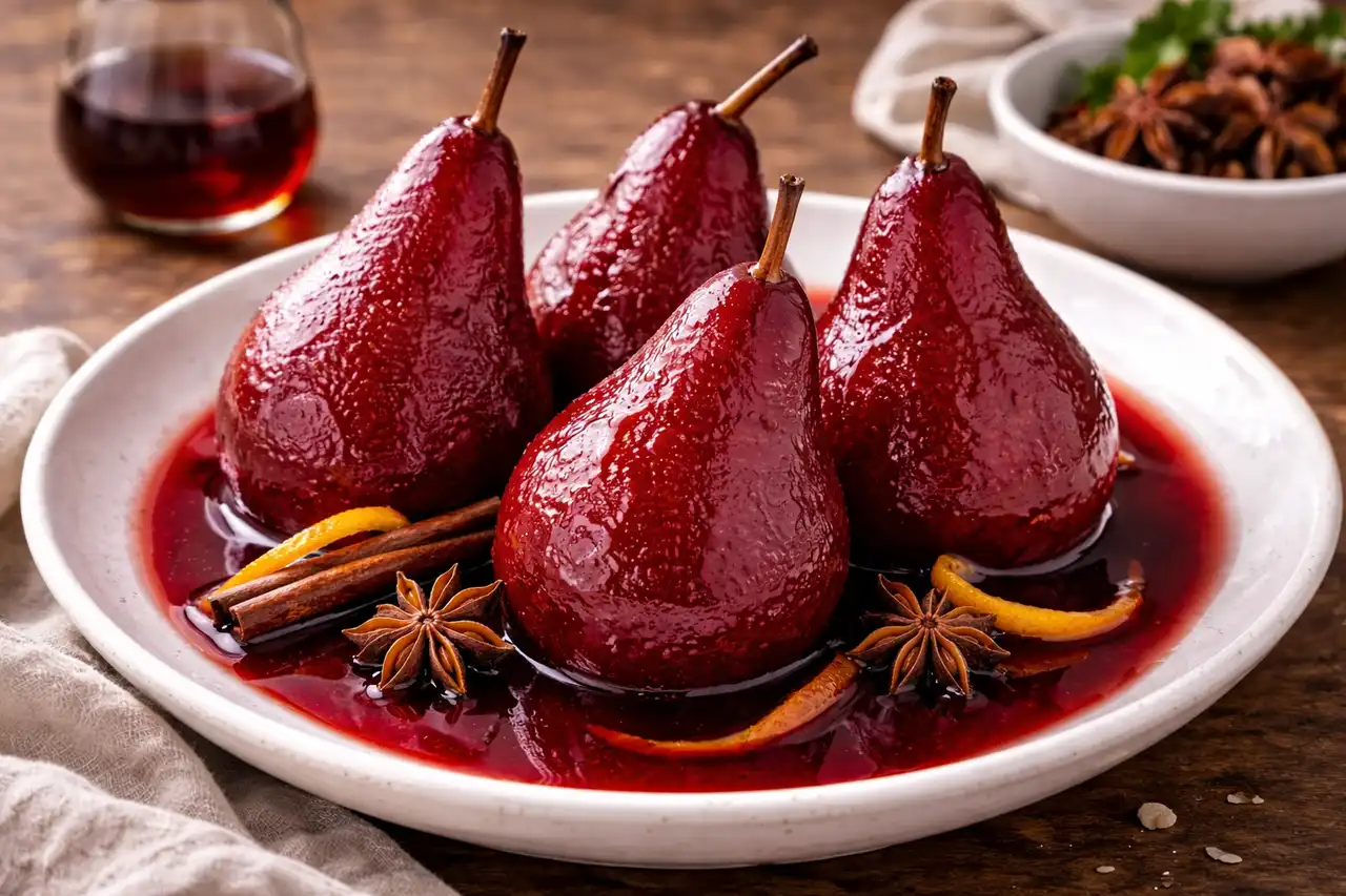 Французский десерт из нежных груш, томлёных в пряном красном вине с цитрусом и корицей.