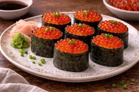 Японские суши в формате «кораблик» с рисом, нори и охлаждённой лососевой икрой.