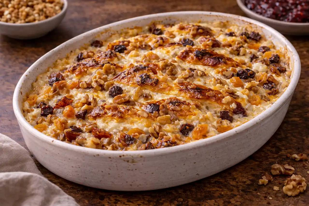 Старинная русская манная каша с пенками, орехами и сухофруктами, запечённая до румяной корочки.