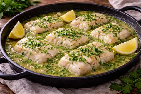 Нежный хек в классическом испанском соусе из петрушки, чеснока, белого вина и рыбного бульона.