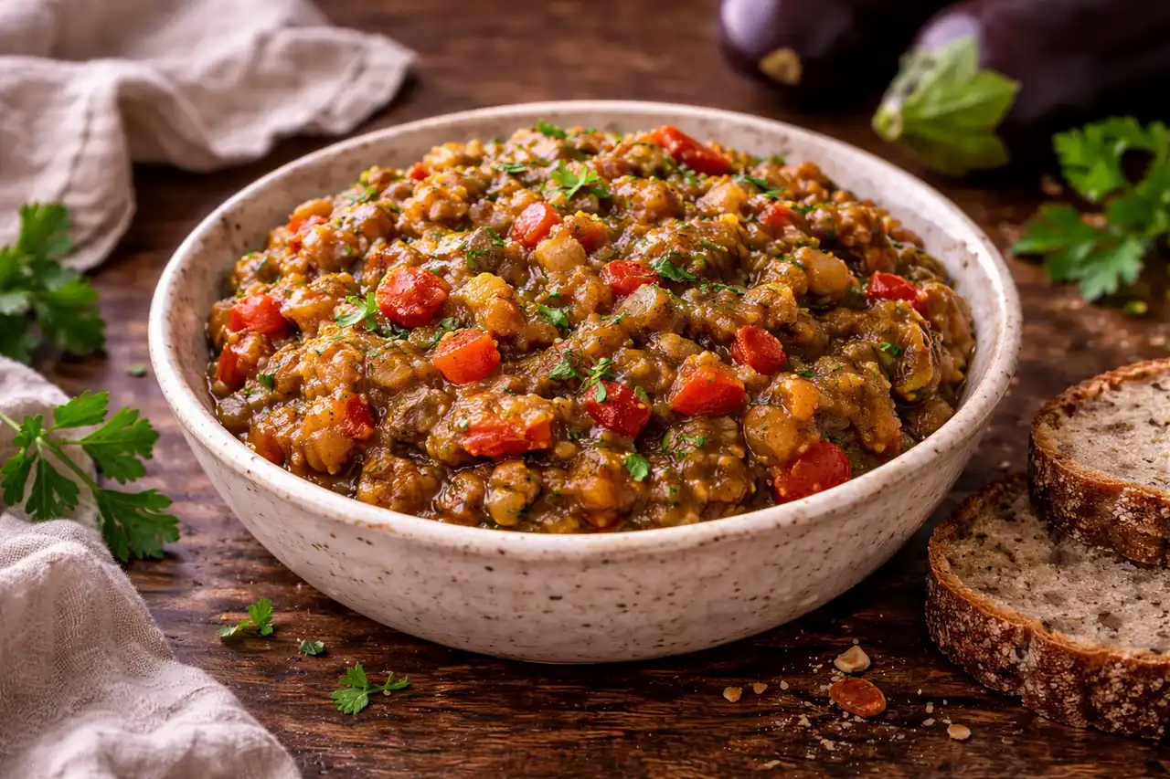 Ароматная овощная закуска из запечённых баклажанов, томатов и сладкого перца в домашнем стиле.