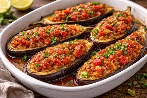 Турецкие баклажаны, запечённые с томатно-луковой начинкой, чесноком и оливковым маслом.