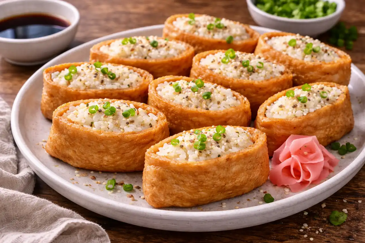 Японские инари суши: сладко-солёные кармашки из тофу, наполненные рисом с уксусной заправкой.