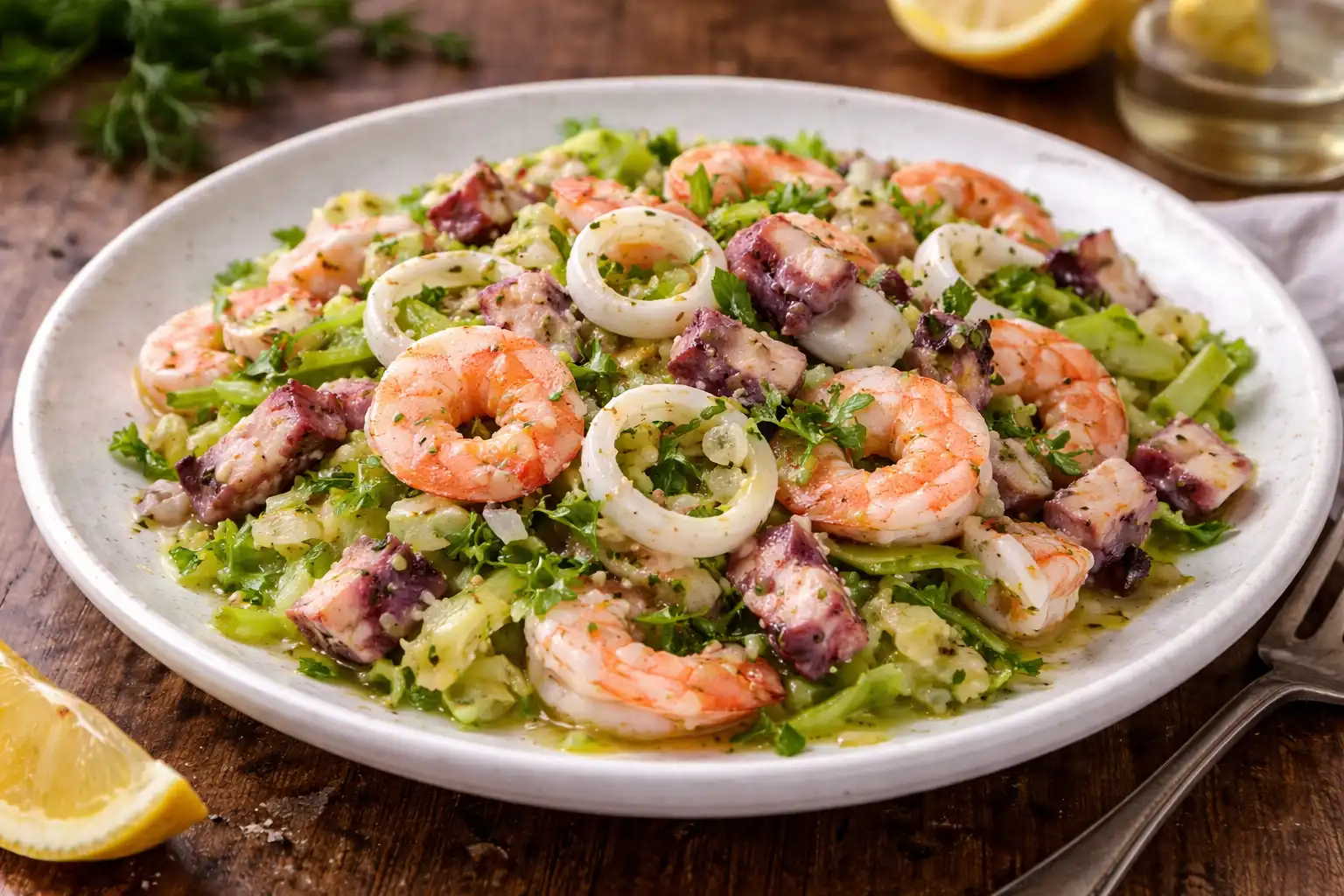 Лёгкий итальянский салат с кальмарами, креветками и осьминогом в лимонно-оливковой заправке.