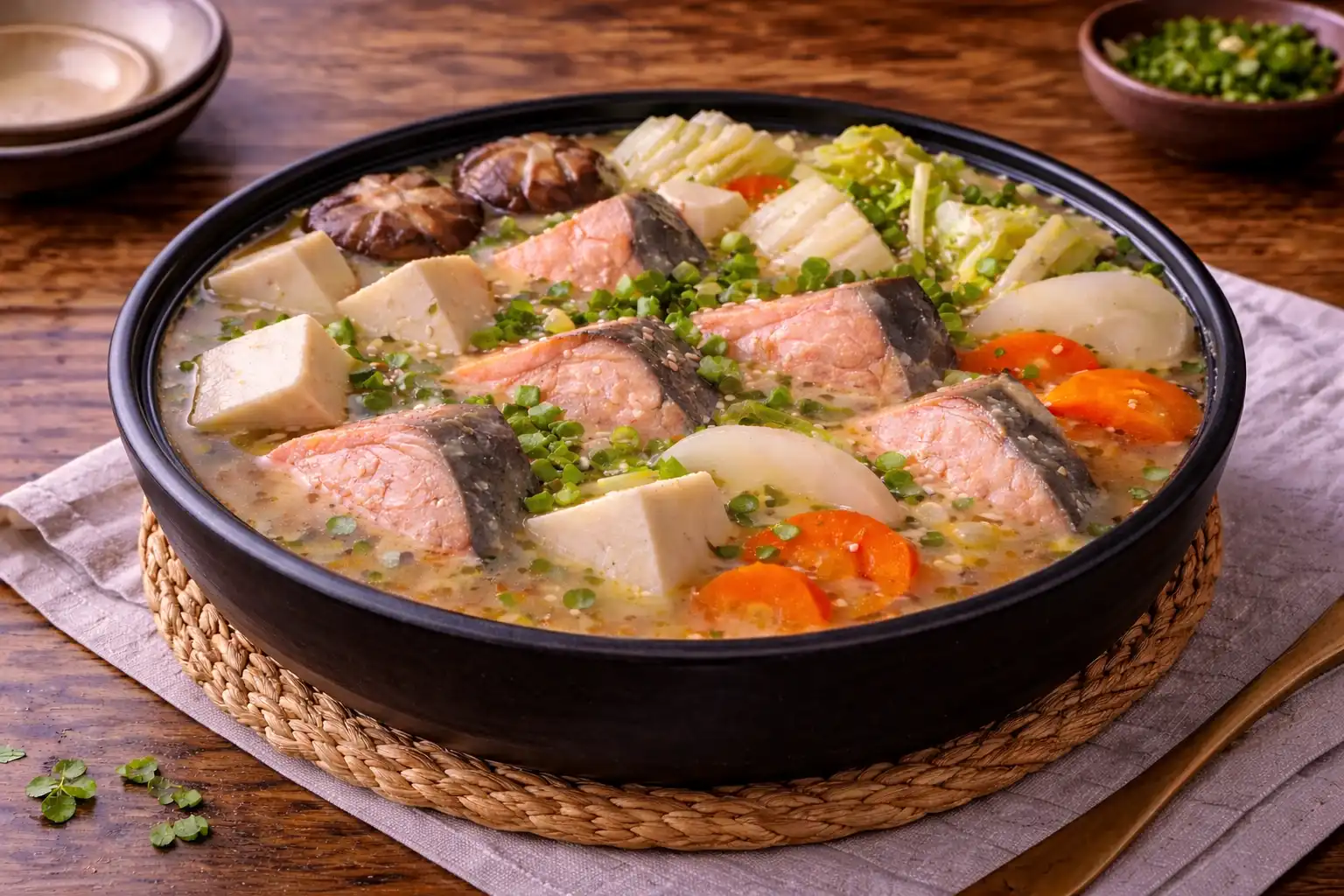Традиционный японский рыбный суп с лососем, овощами, тофу и мисо-бульоном.