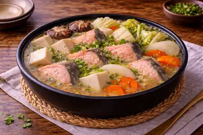 Традиционный японский рыбный суп с лососем, овощами, тофу и мисо-бульоном.