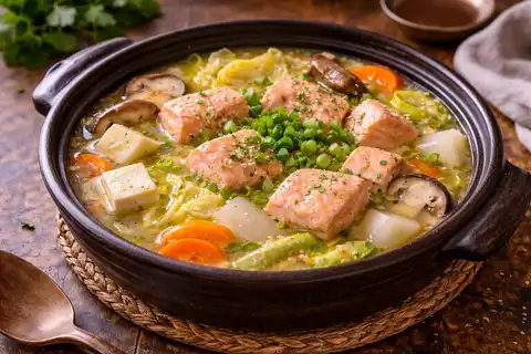 Традиционный японский рыбный суп с лососем, овощами, тофу и мисо-бульоном.