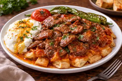 Турецкое горячее блюдо с говядиной, томатным соусом, йогуртом и кусочками поджаренной питы.