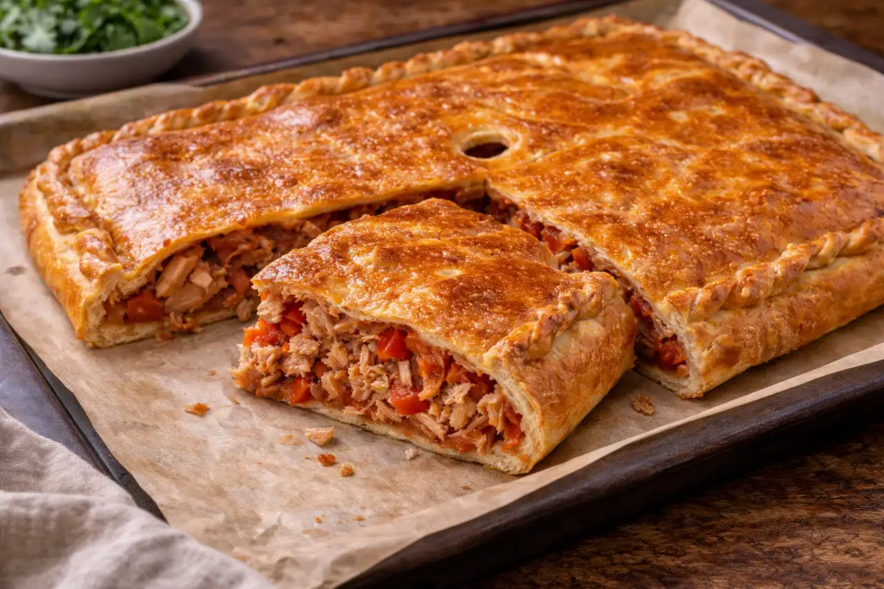 Традиционный испанский закрытый пирог с начинкой из тунца, сладкого перца и томатного соуса.