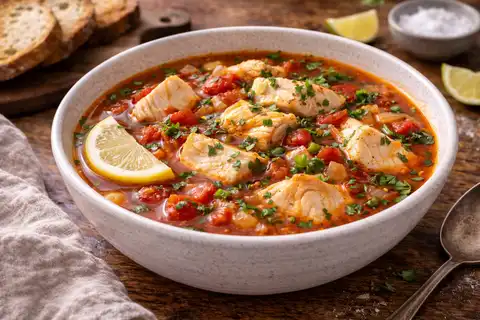 Ароматный испанский рыбный суп на томатном бульоне с белой рыбой, овощами и шафраном.