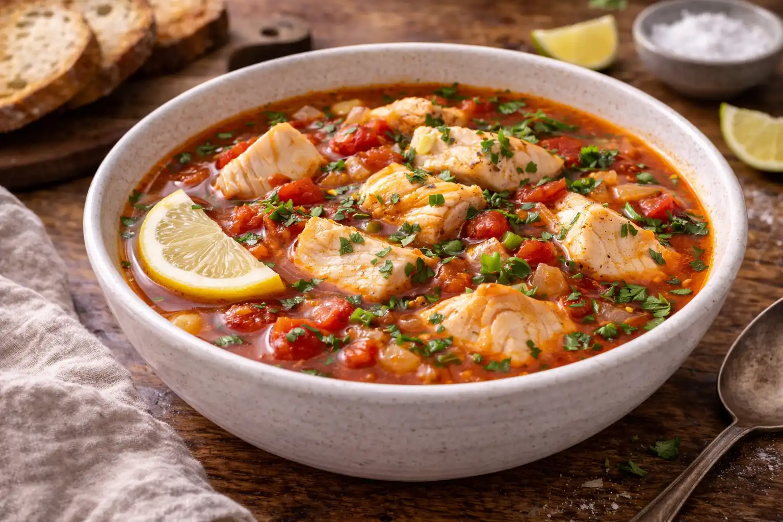 Ароматный испанский рыбный суп на томатном бульоне с белой рыбой, овощами и шафраном.