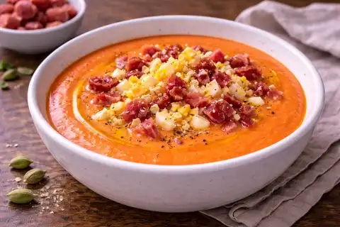 Холодный испанский крем-суп из томатов и хлеба с бархатистой текстурой и ярким вкусом.
