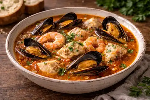 Ароматный испанский суп с креветками, мидиями и белой рыбой в томатно-шафрановом бульоне.