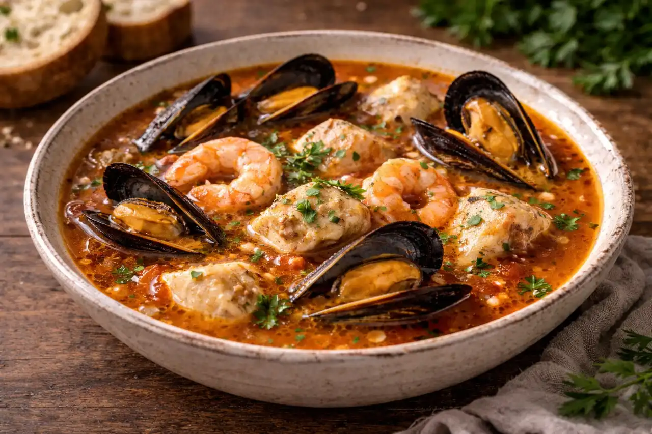 Ароматный испанский суп с креветками, мидиями и белой рыбой в томатно-шафрановом бульоне.