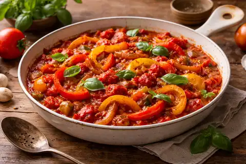 Итальянское овощное блюдо из сладкого перца, томатов и лука, тушённых в оливковом масле.