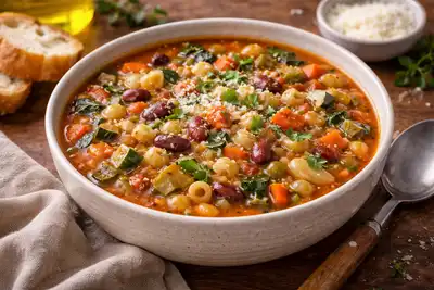 Густой минестроне с сезонными овощами, фасолью и пастой в томатном бульоне.