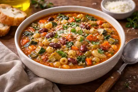 Густой минестроне с сезонными овощами, фасолью и пастой в томатном бульоне.