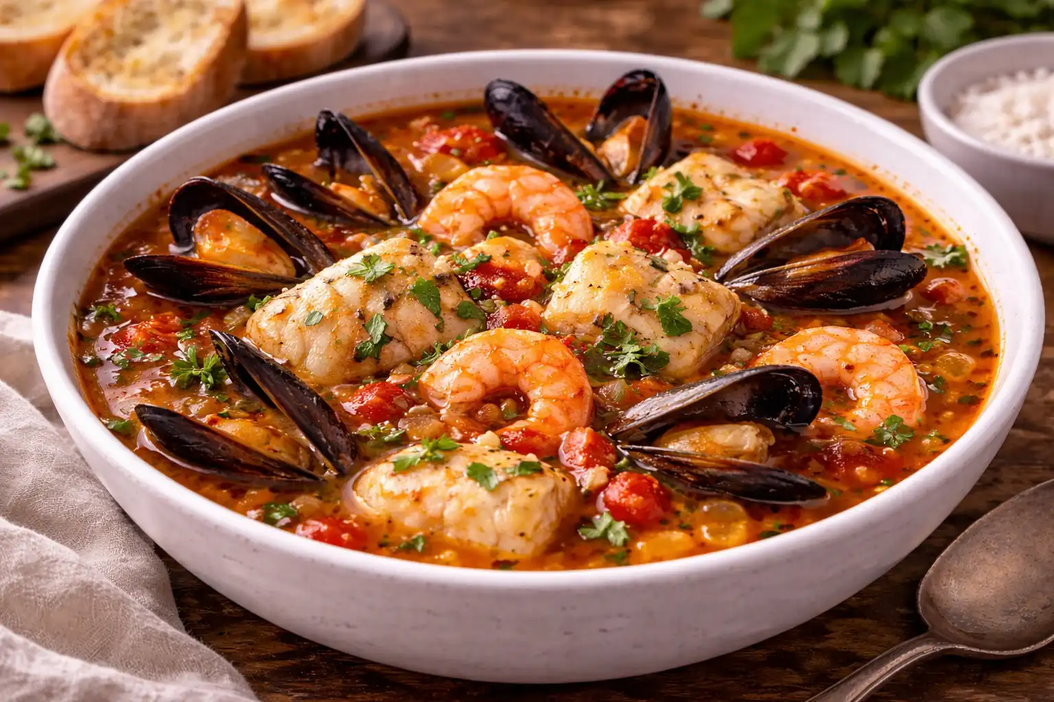 Насыщенный итальянский суп с рыбой, мидиями и креветками в томатно-винном бульоне.