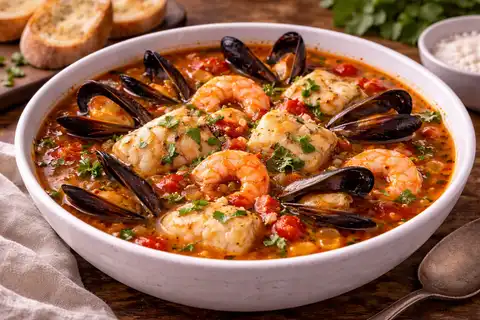 Насыщенный итальянский суп с рыбой, мидиями и креветками в томатно-винном бульоне.