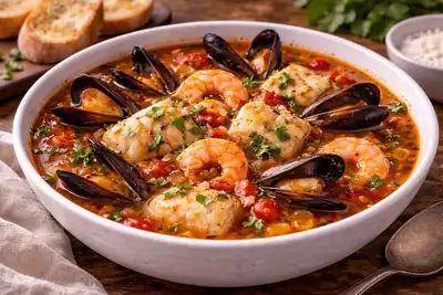 Насыщенный итальянский суп с рыбой, мидиями и креветками в томатно-винном бульоне.