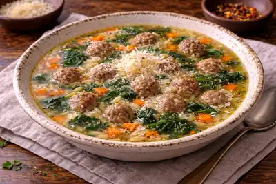 Сытный суп с мини-фрикадельками, пастой и шпинатом в прозрачном ароматном бульоне.