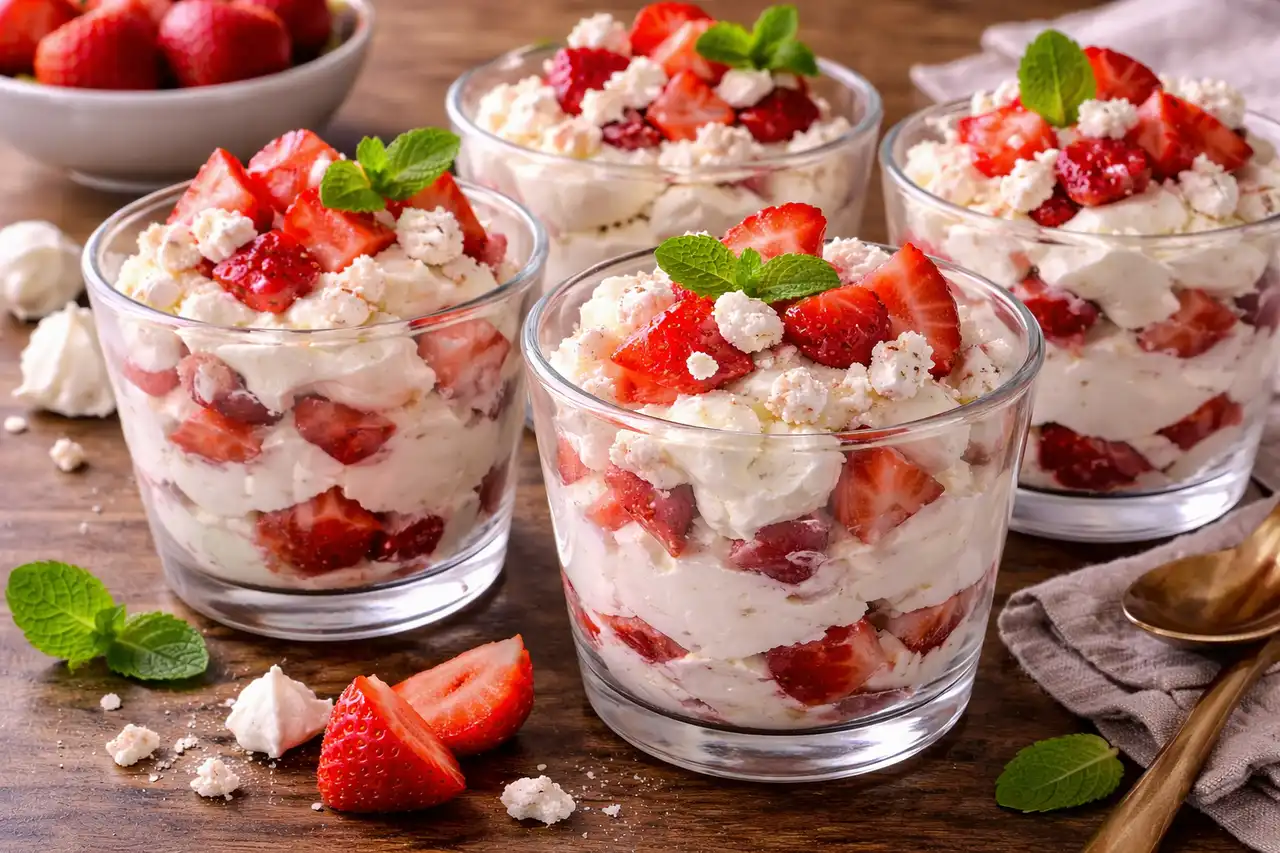 Классический британский десерт из хрустящего безе, взбитых сливок и свежей клубники.