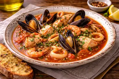 Тосканский густой суп с рыбой, мидиями, кальмарами и томатно-винным бульоном.