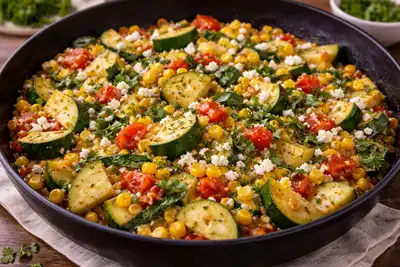 Яркое мексиканское овощное блюдо из кабачков, кукурузы, перца поблано и томатов.