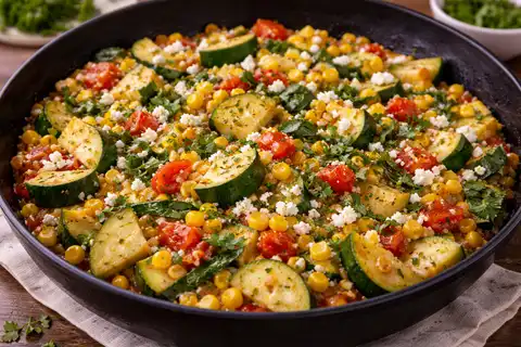 Яркое мексиканское овощное блюдо из кабачков, кукурузы, перца поблано и томатов.